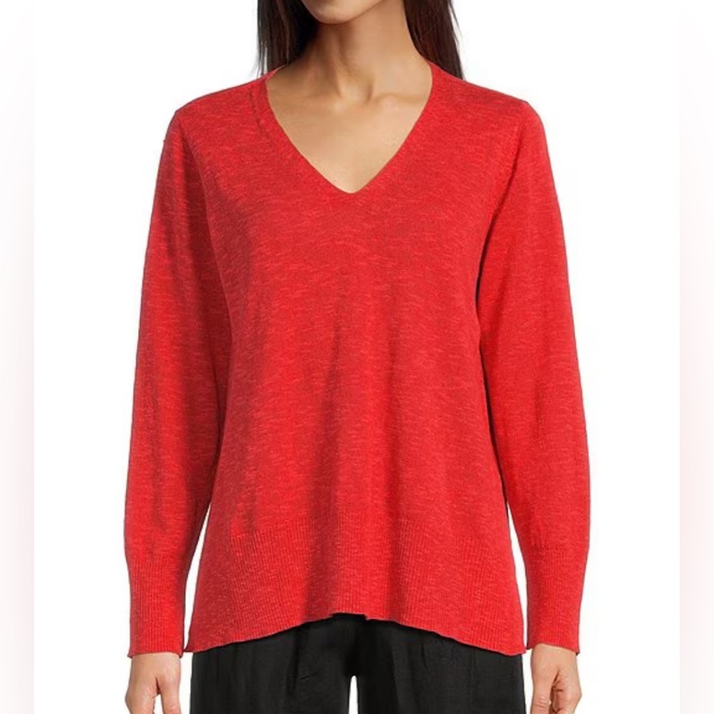 Eileen Fisher Organic Linen Cotton Blend V Neck Long Sleeve Sweater Red Size XL